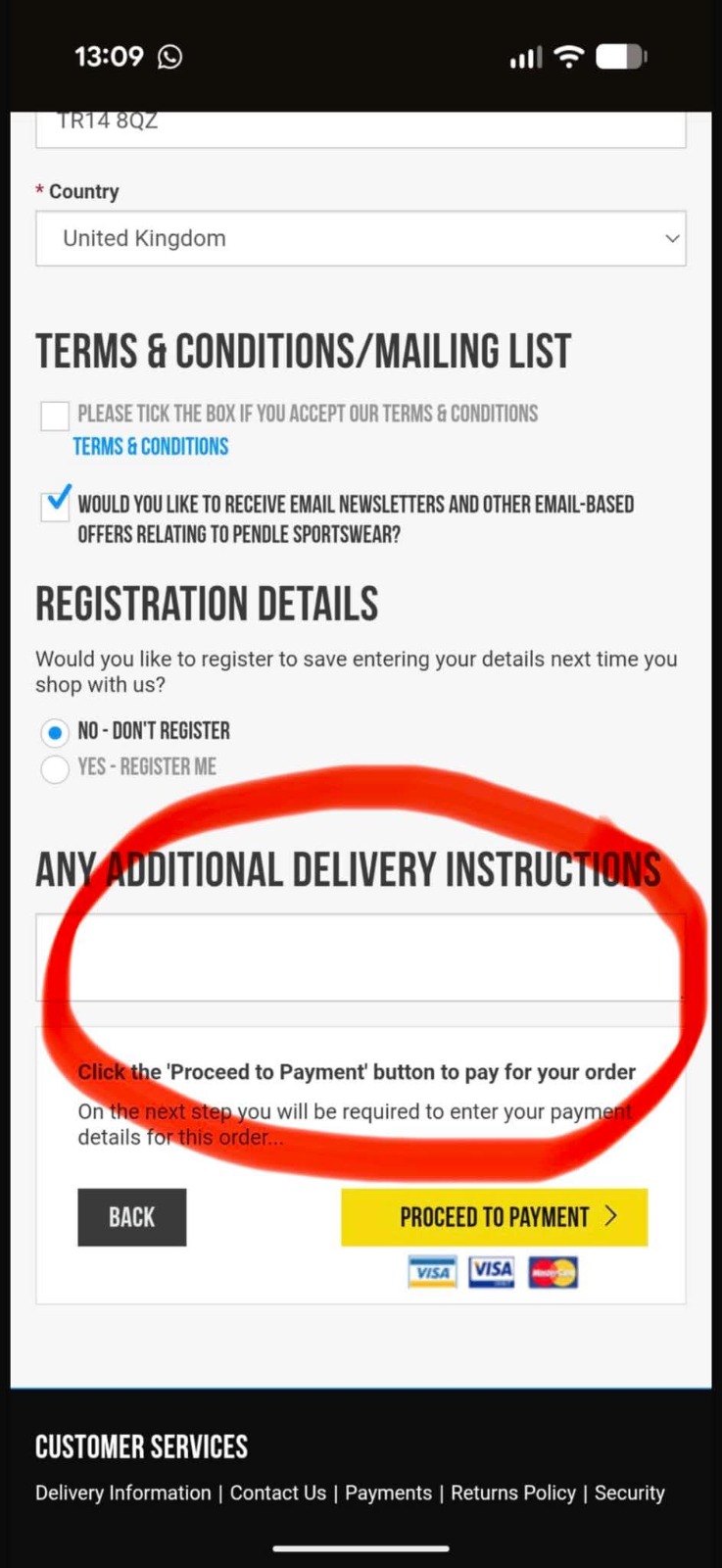 Pendle checkout showing the additional delivery instructions field where parents should enter the child's squad number